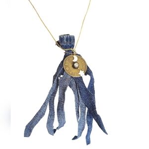 Gold Plated Denim Fringe Steampunk Clock Mother Of Pearl Moon Star Necklace